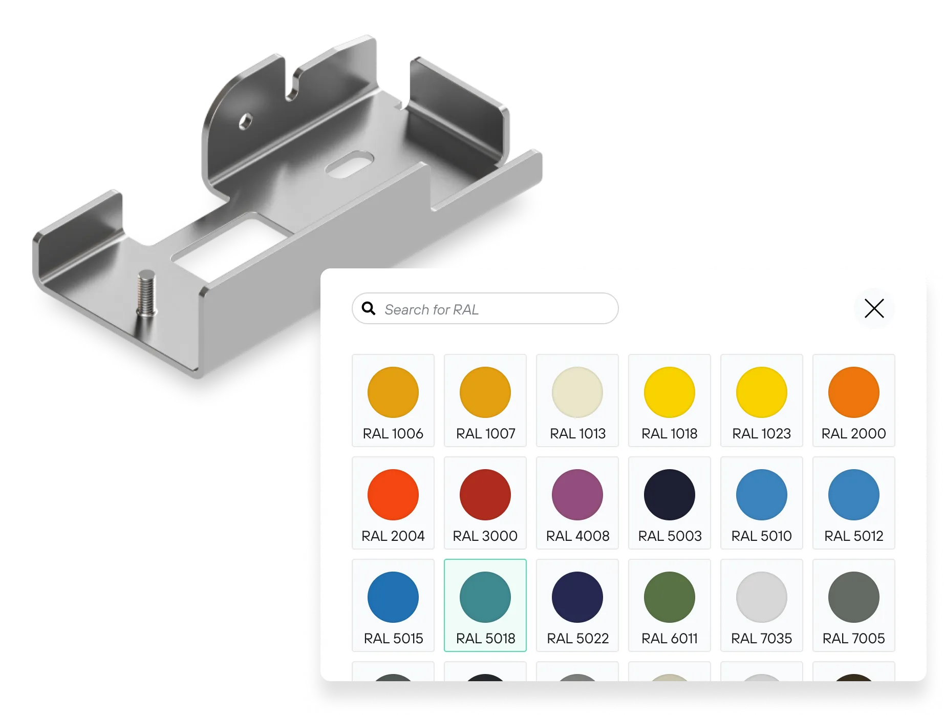 A metal part with powdercoat selection overlayed